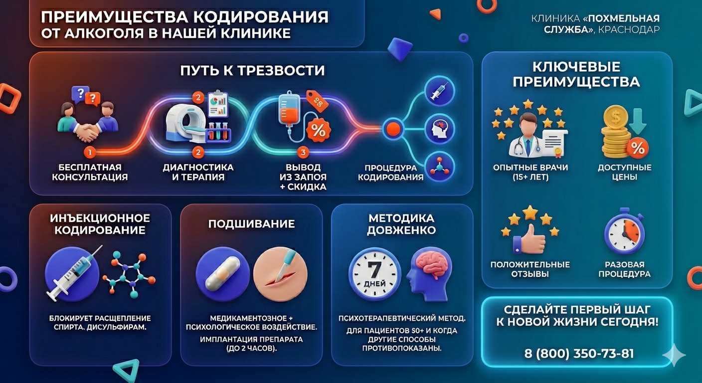 Инфографика о методах кодирования от алкоголя в Железноводске: инъекции, подшивание, метод Довженко. Преимущества клиники и этапы лечения.