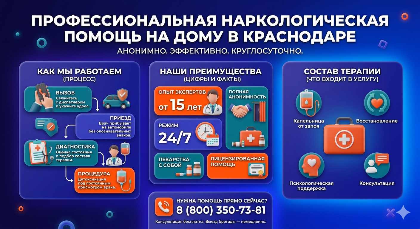 Инфографика о принципах лечения алкоголизма на дому в Железноводске: этапы вызова нарколога, преимущества анонимной детоксикации и состав медицинской помощи.